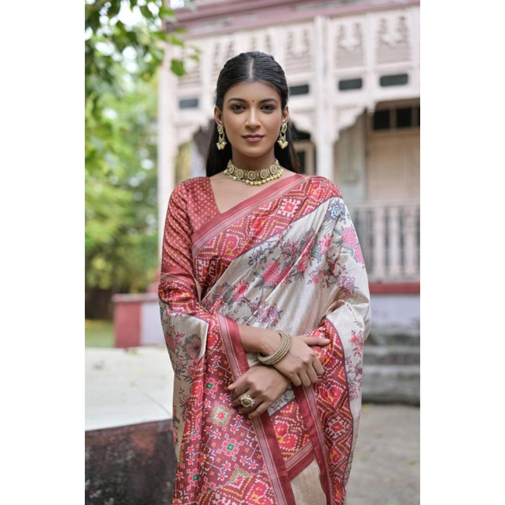 Faux_Tussar Floral Jal With Patola Print Saree With Unstitched Blouse 5.5Mtr (Maroon)