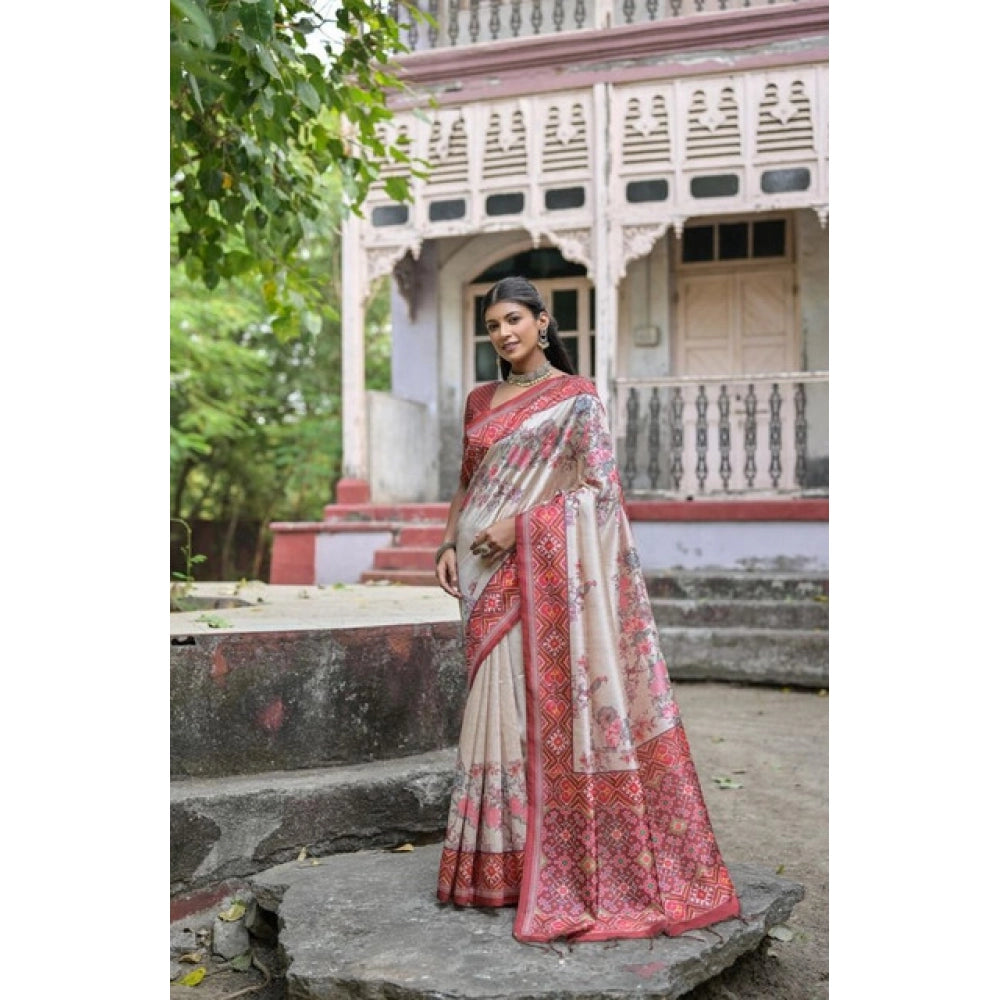 Faux_Tussar Floral Jal With Patola Print Saree With Unstitched Blouse 5.5Mtr (Maroon)