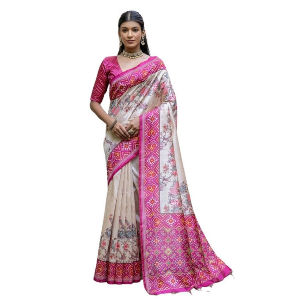 Faux_Tussar Floral Jal With Patola Print Saree With Unstitched Blouse 5.5Mtr (Pink)