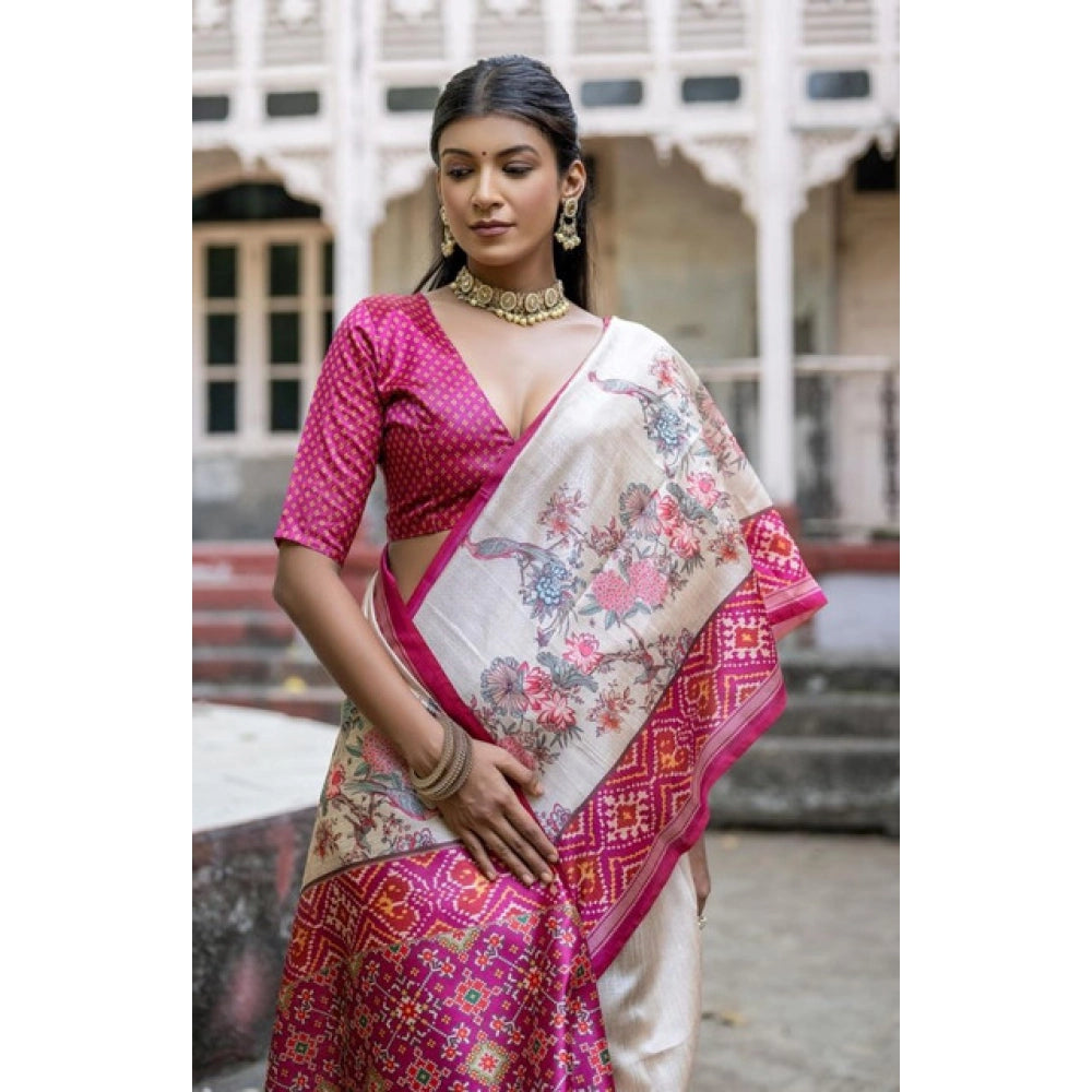 Faux_Tussar Floral Jal With Patola Print Saree With Unstitched Blouse 5.5Mtr (Pink)