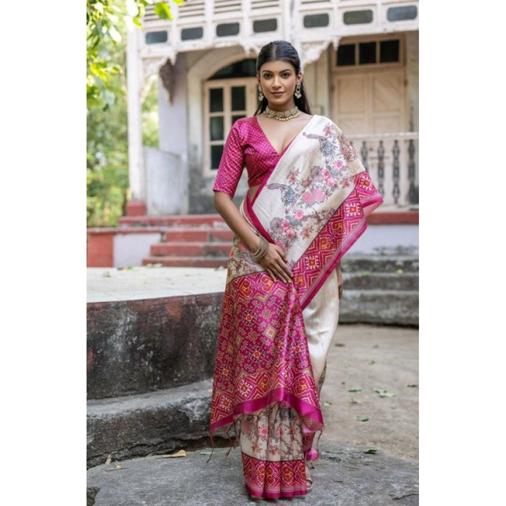Faux_Tussar Floral Jal With Patola Print Saree With Unstitched Blouse 5.5Mtr (Pink)