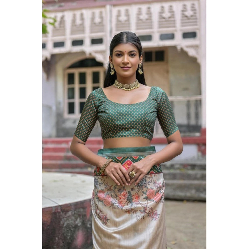 Faux_Tussar Floral Jal With Patola Print Saree With Unstitched Blouse 5.5Mtr (Teal)