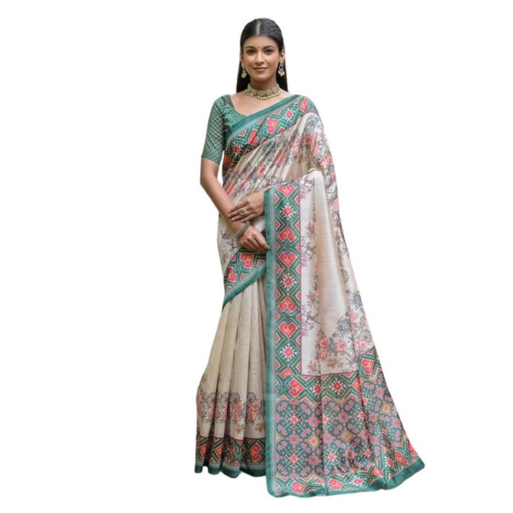 Faux_Tussar Floral Jal With Patola Print Saree With Unstitched Blouse 5.5Mtr (Teal)