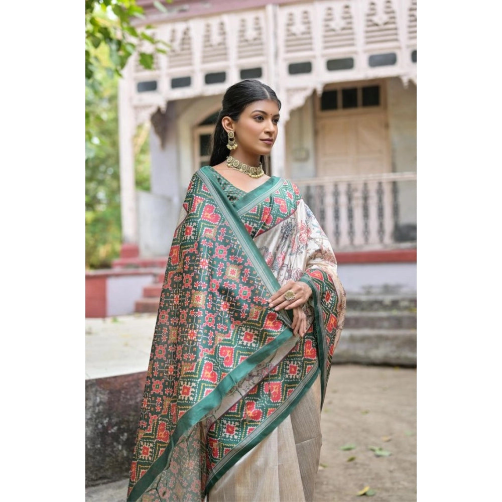 Faux_Tussar Floral Jal With Patola Print Saree With Unstitched Blouse 5.5Mtr (Teal)