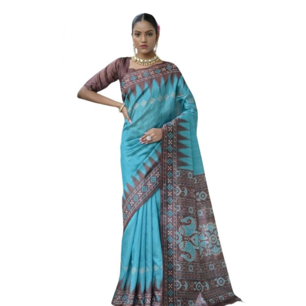 Faux_Tussar Ikat Saree With Unstitched Blouse 5.5Mtr (Aqua_Blue)