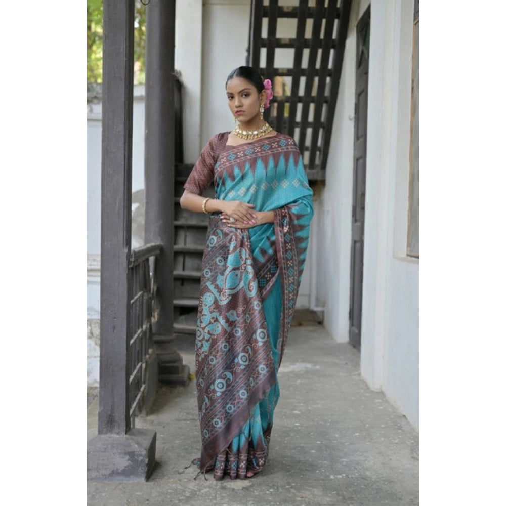 Faux_Tussar Ikat Saree With Unstitched Blouse 5.5Mtr (Aqua_Blue)
