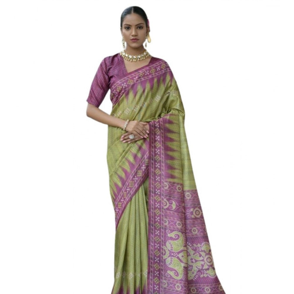 Faux_Tussar Ikat Saree With Unstitched Blouse 5.5Mtr (Green)