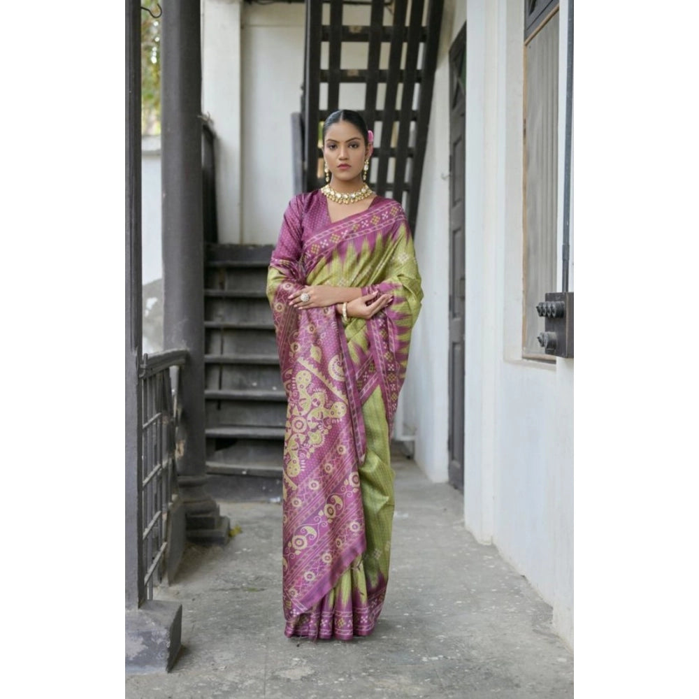 Faux_Tussar Ikat Saree With Unstitched Blouse 5.5Mtr (Green)