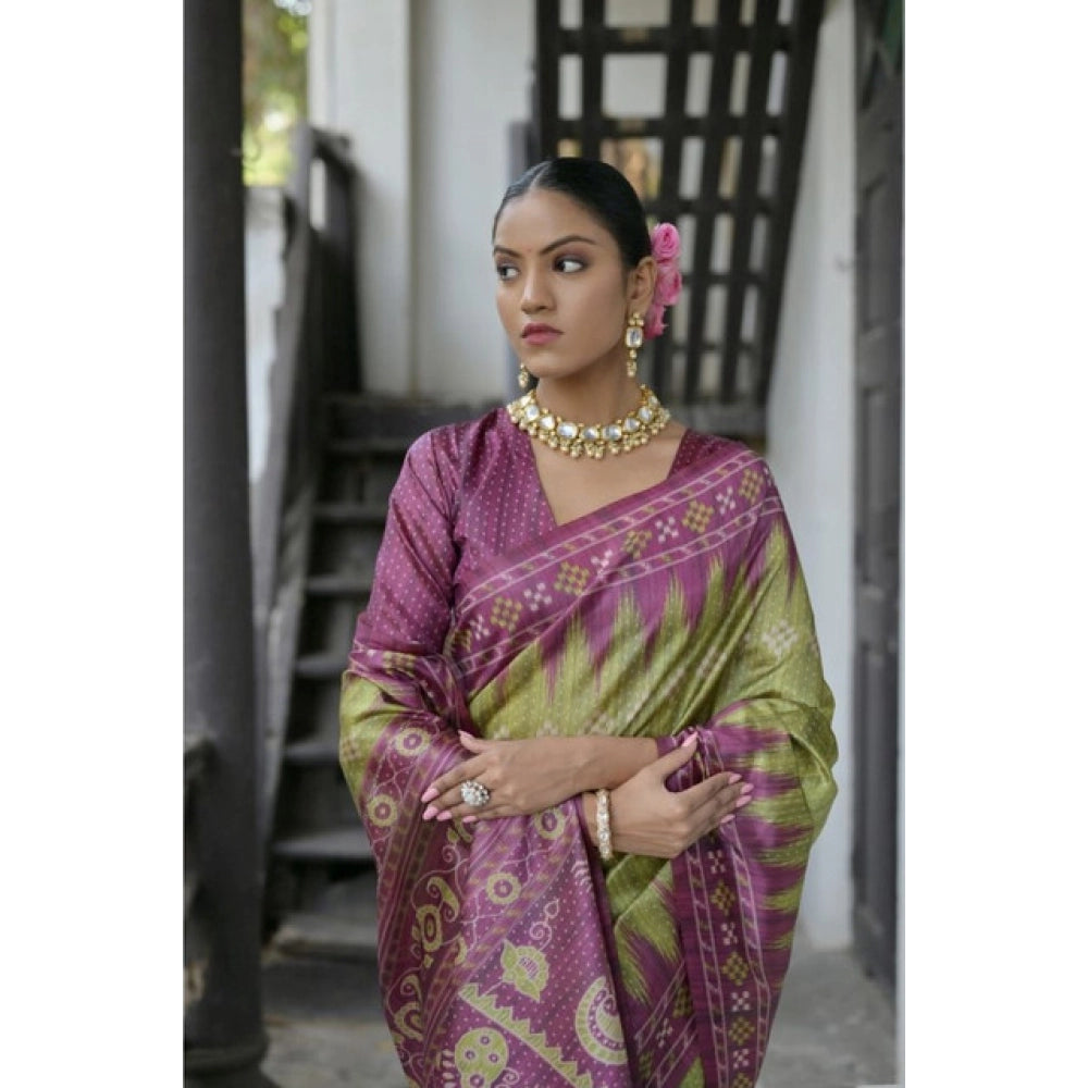 Faux_Tussar Ikat Saree With Unstitched Blouse 5.5Mtr (Green)