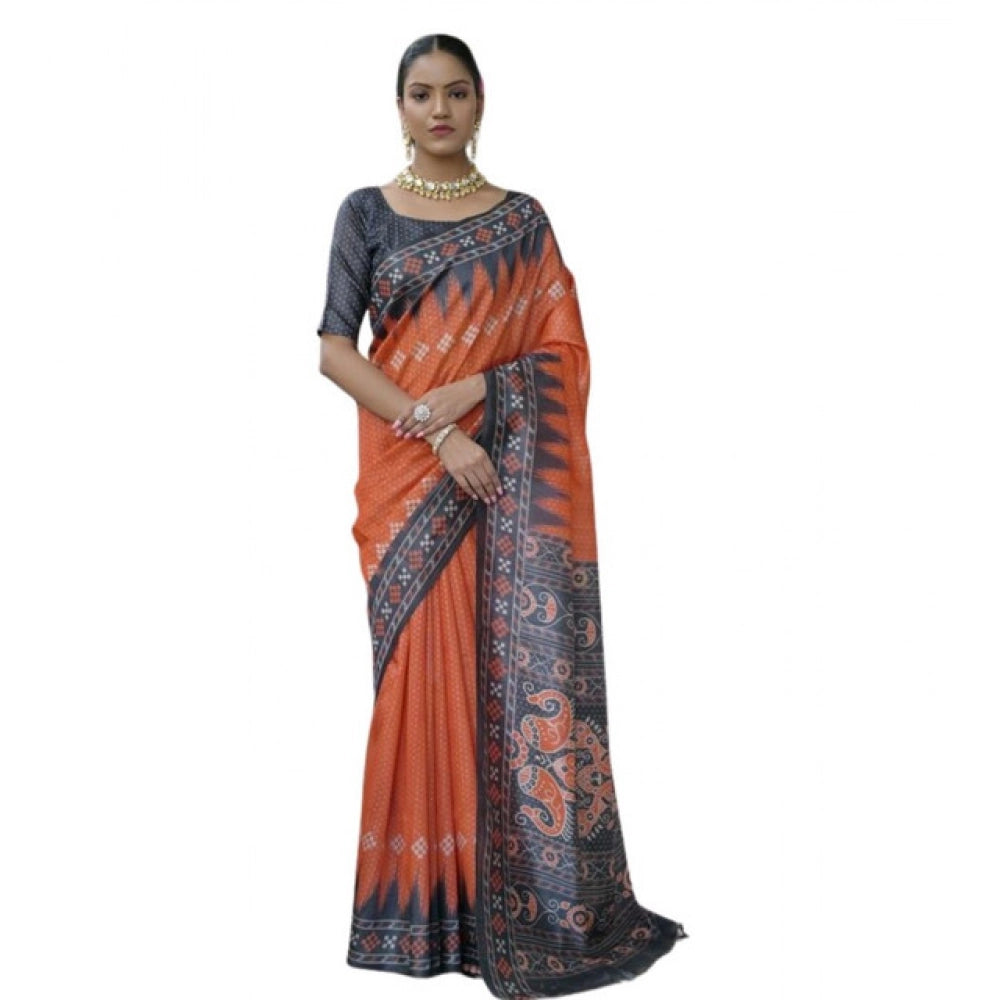 Faux_Tussar Ikat Saree With Unstitched Blouse 5.5Mtr (Orange)