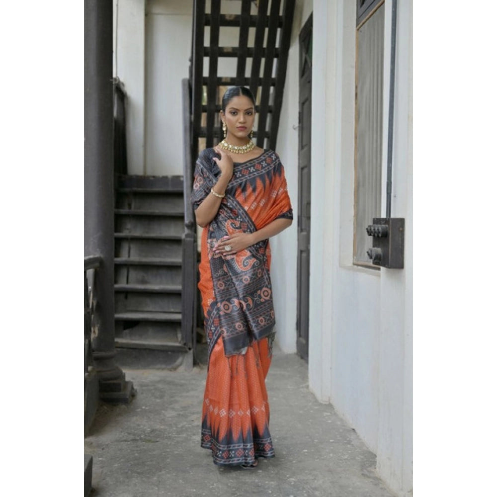 Faux_Tussar Ikat Saree With Unstitched Blouse 5.5Mtr (Orange)