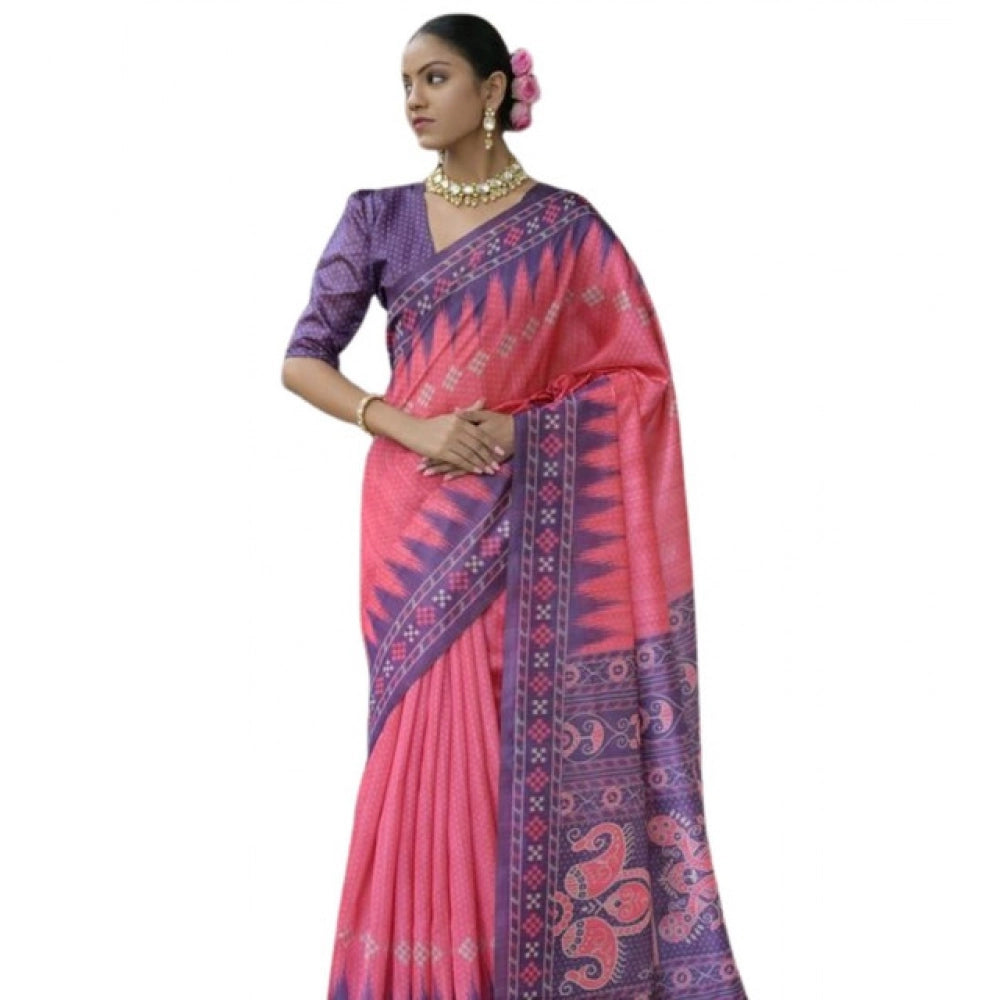 Faux_Tussar Ikat Saree With Unstitched Blouse 5.5Mtr (Peach)