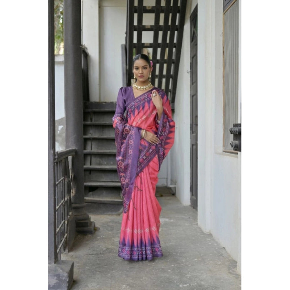 Faux_Tussar Ikat Saree With Unstitched Blouse 5.5Mtr (Peach)