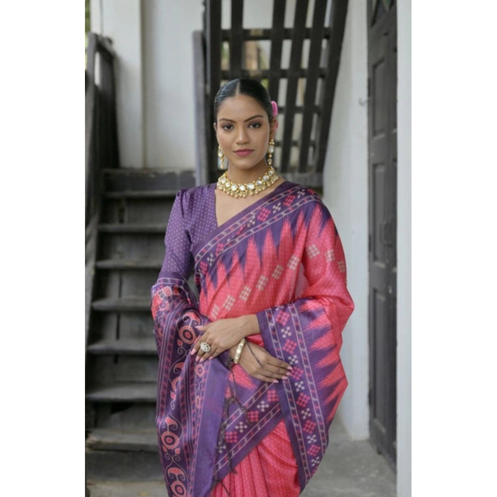 Faux_Tussar Ikat Saree With Unstitched Blouse 5.5Mtr (Peach)