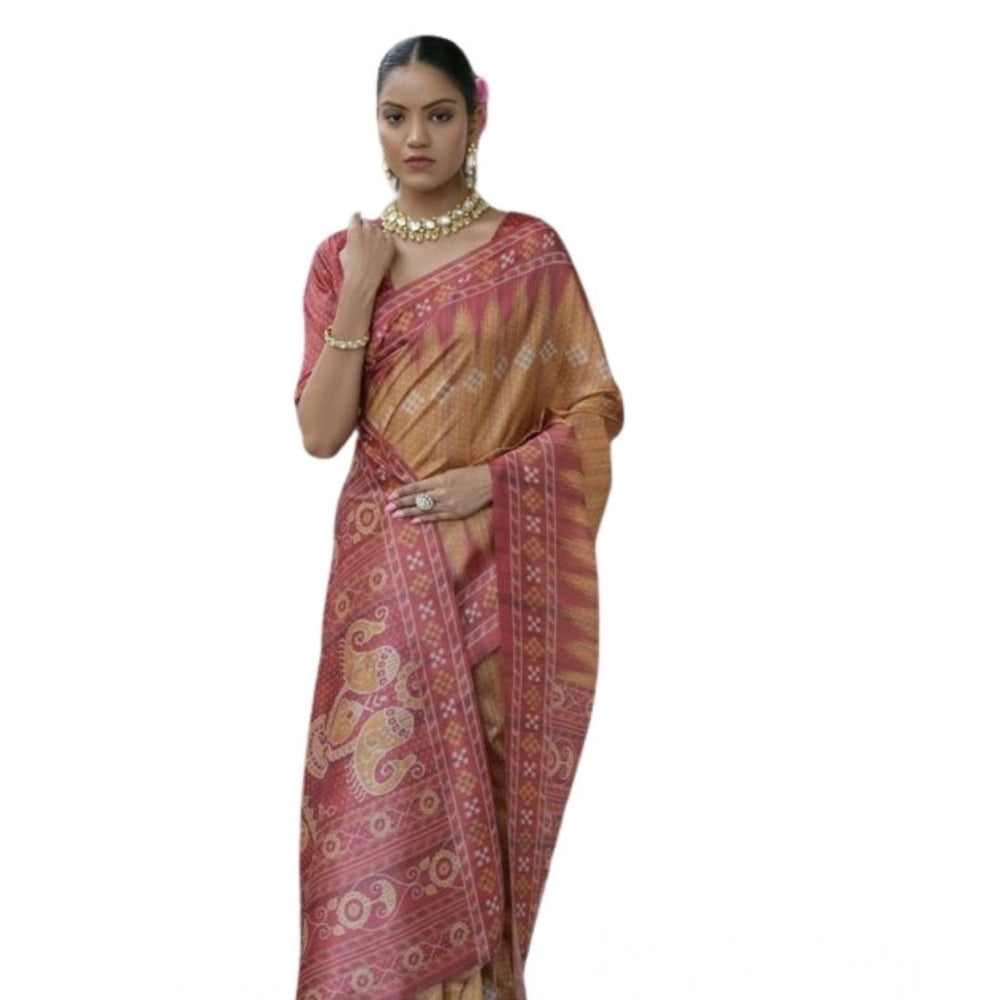 Faux_Tussar Ikat Saree With Unstitched Blouse 5.5Mtr (Rust)
