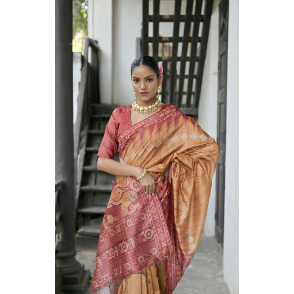 Faux_Tussar Ikat Saree With Unstitched Blouse 5.5Mtr (Rust)