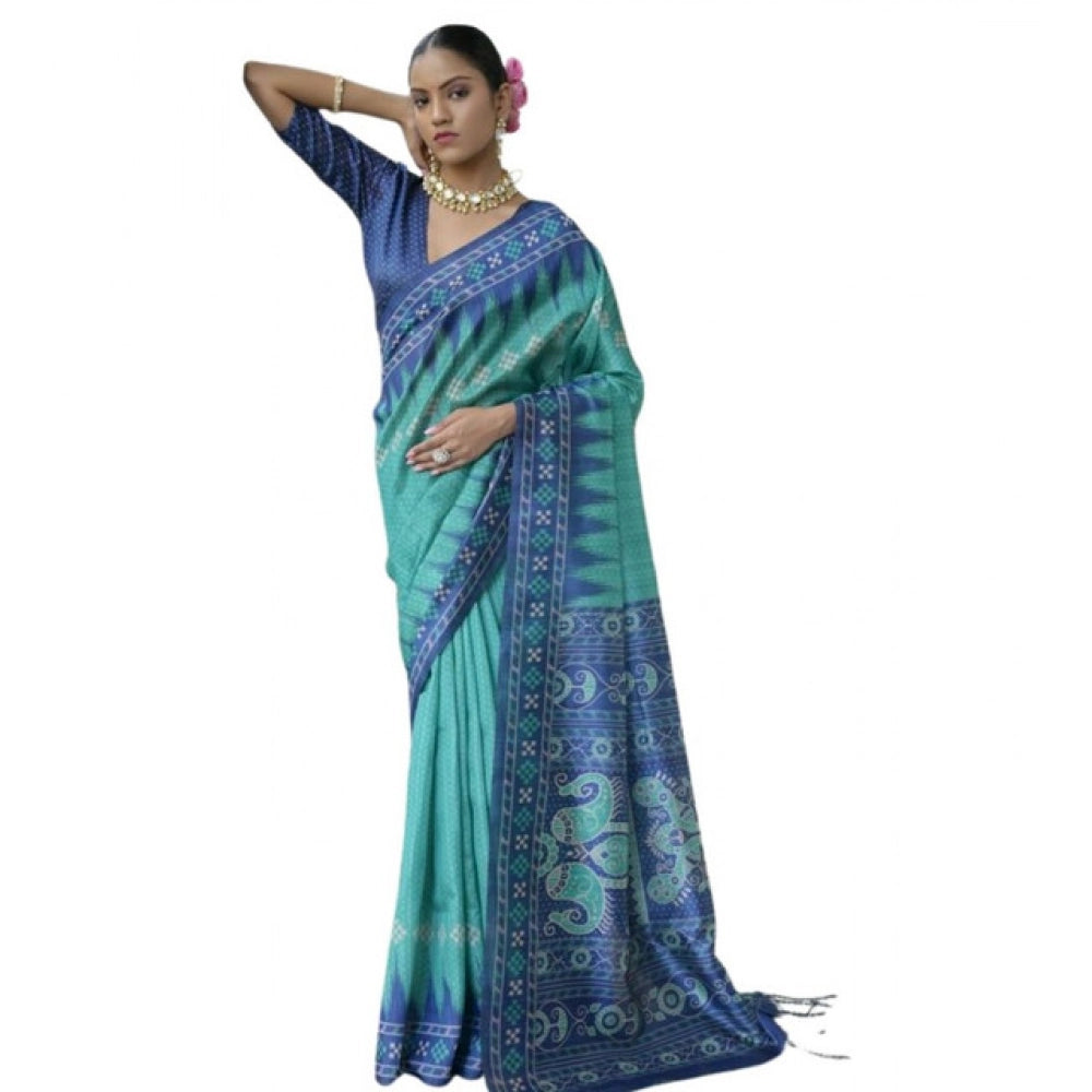 Faux_Tussar Ikat Saree With Unstitched Blouse 5.5Mtr (Sea_Green)