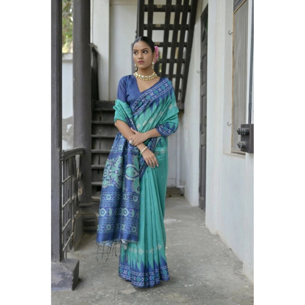 Faux_Tussar Ikat Saree With Unstitched Blouse 5.5Mtr (Sea_Green)