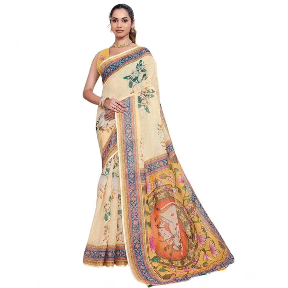 Linen Floral Printed Saree With Unstitched Blouse 5.5Mtr (Beige)
