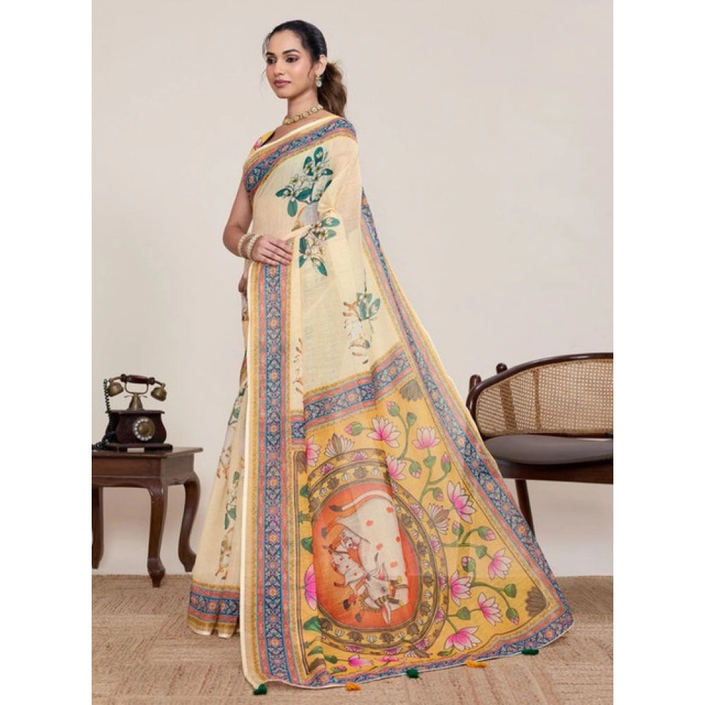 Linen Floral Printed Saree With Unstitched Blouse 5.5Mtr (Beige)