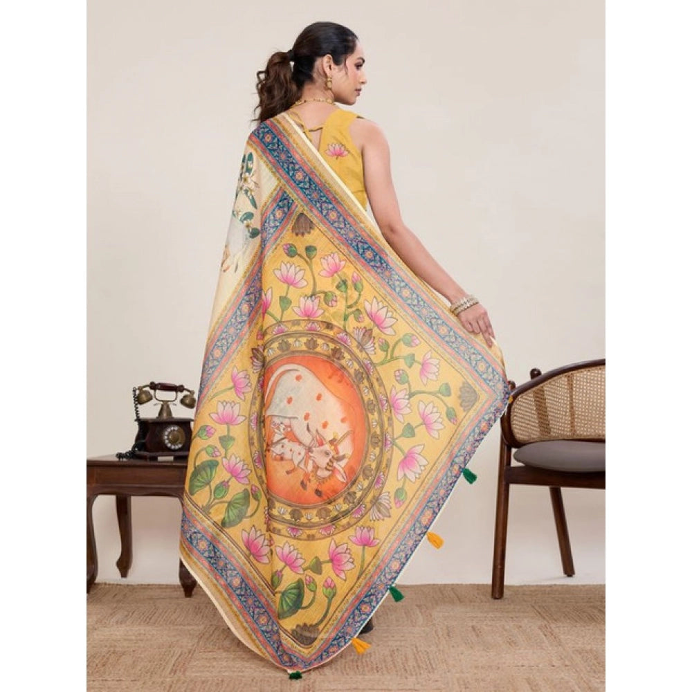 Linen Floral Printed Saree With Unstitched Blouse 5.5Mtr (Beige)