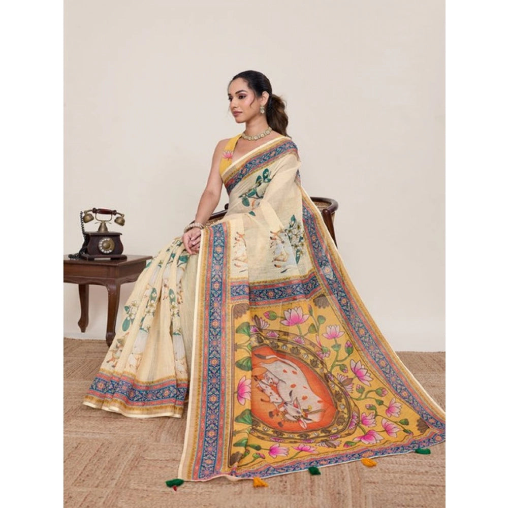 Linen Floral Printed Saree With Unstitched Blouse 5.5Mtr (Beige)