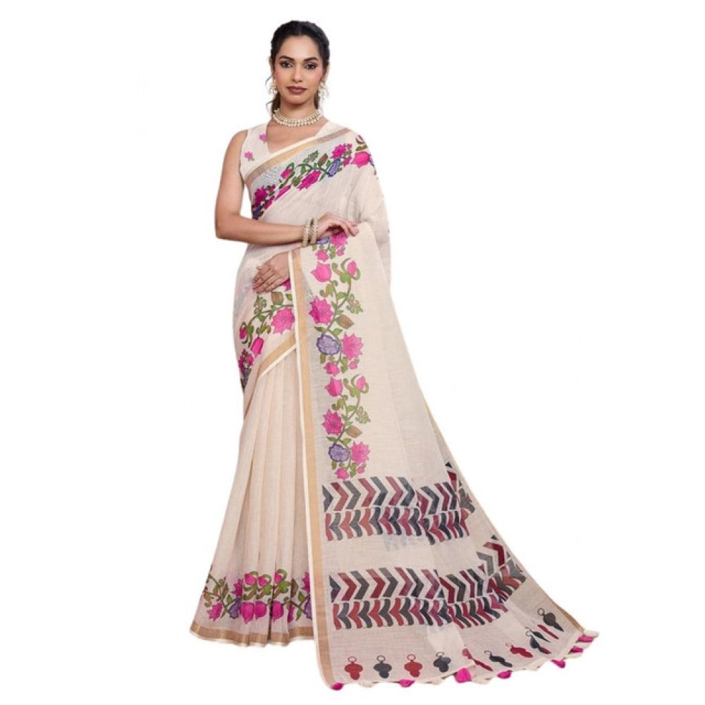 Linen Floral Printed Saree With Unstitched Blouse 5.5Mtr (Cream)