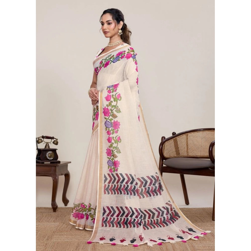 Linen Floral Printed Saree With Unstitched Blouse 5.5Mtr (Cream)
