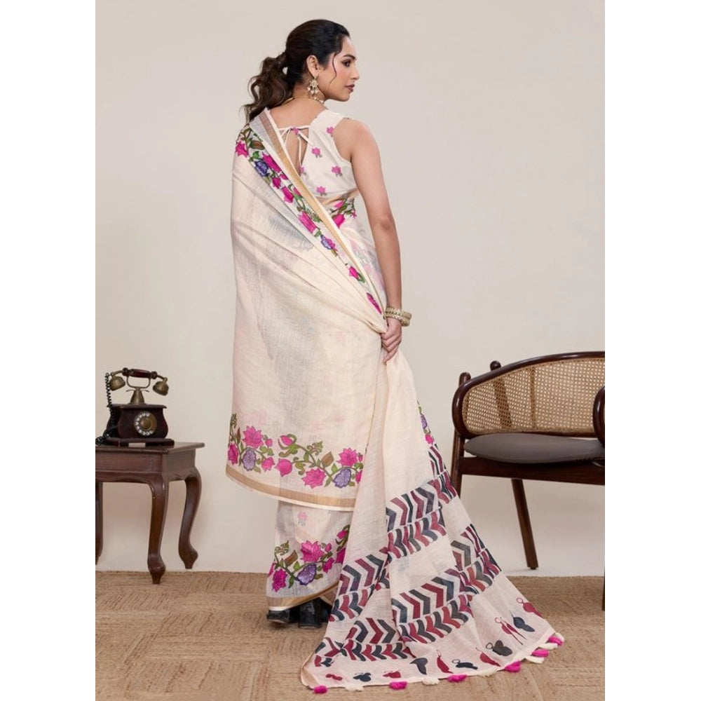 Linen Floral Printed Saree With Unstitched Blouse 5.5Mtr (Cream)