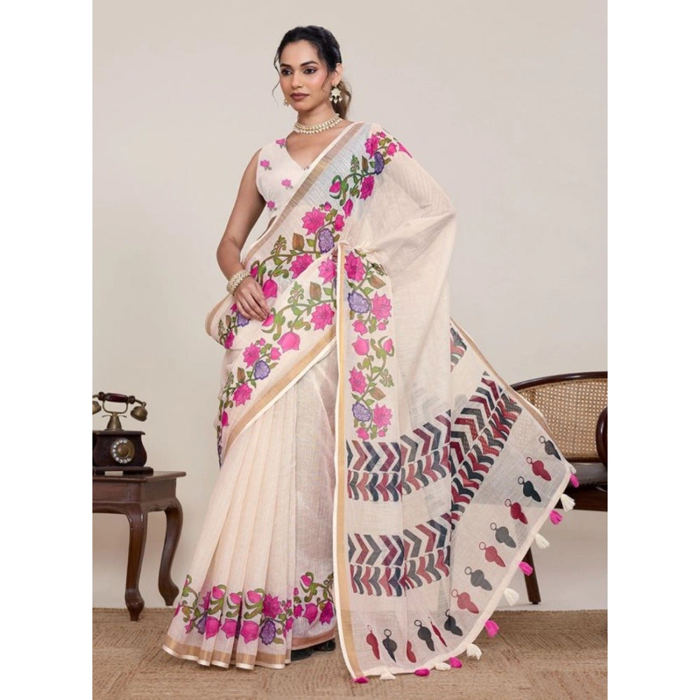 Linen Floral Printed Saree With Unstitched Blouse 5.5Mtr (Cream)
