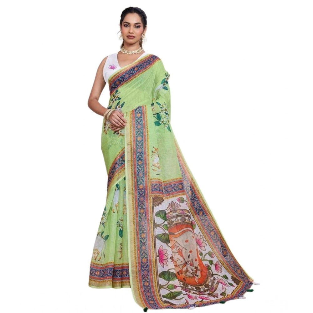 Linen Floral Printed Saree With Unstitched Blouse 5.5Mtr (Light Green)