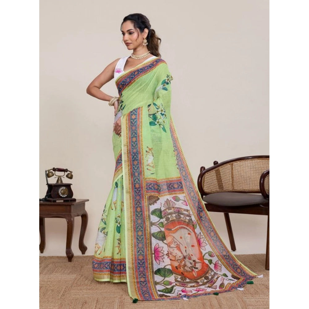 Linen Floral Printed Saree With Unstitched Blouse 5.5Mtr (Light Green)