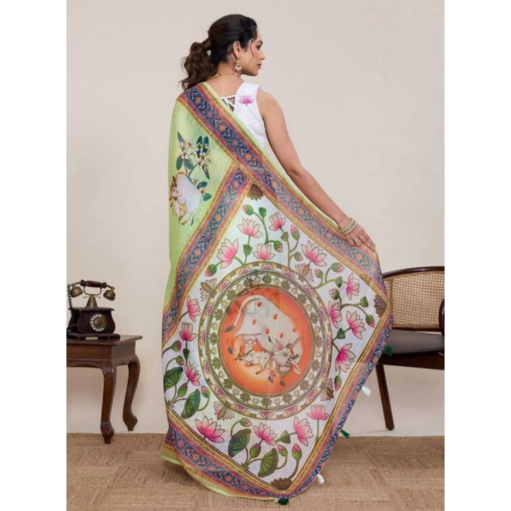 Linen Floral Printed Saree With Unstitched Blouse 5.5Mtr (Light Green)
