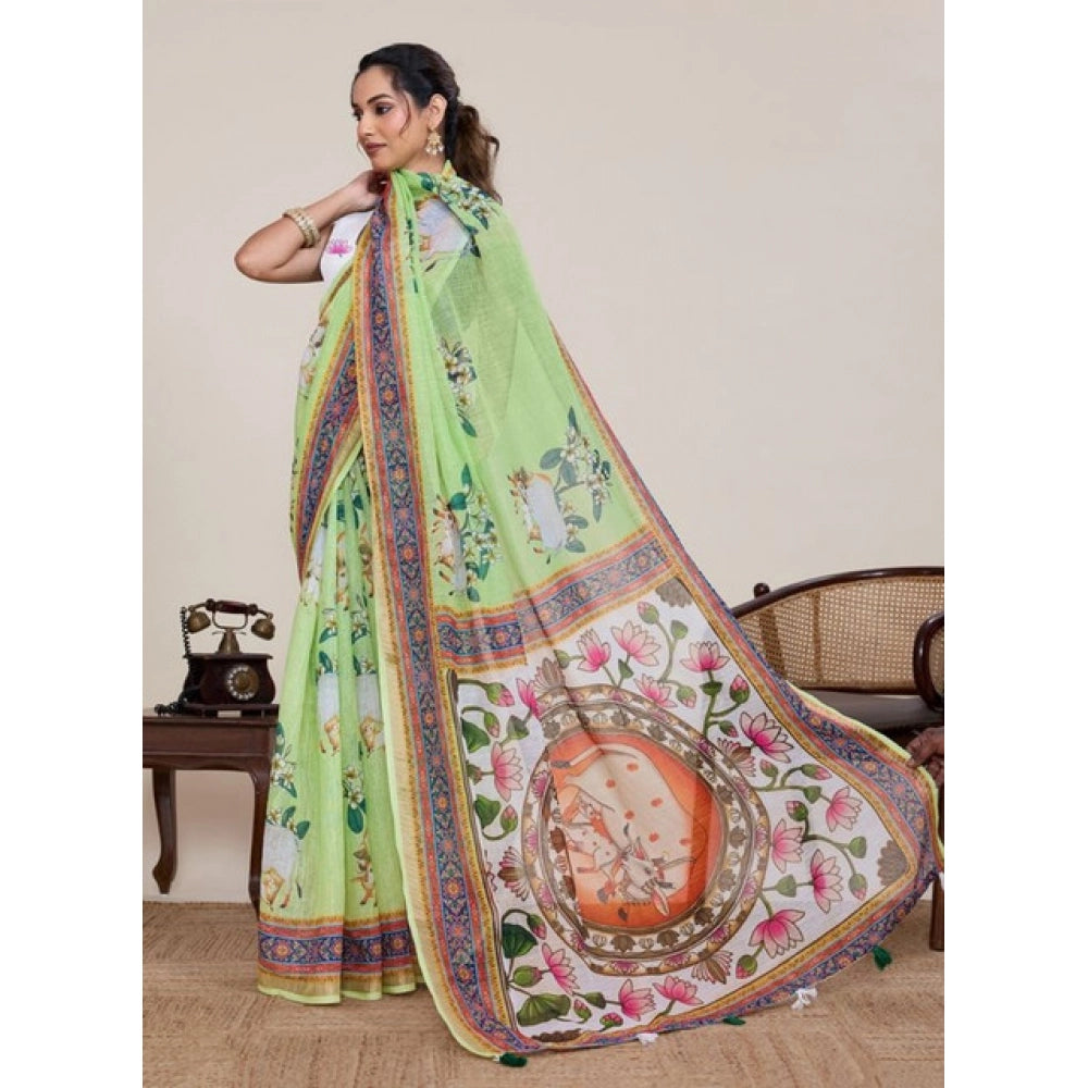 Linen Floral Printed Saree With Unstitched Blouse 5.5Mtr (Light Green)