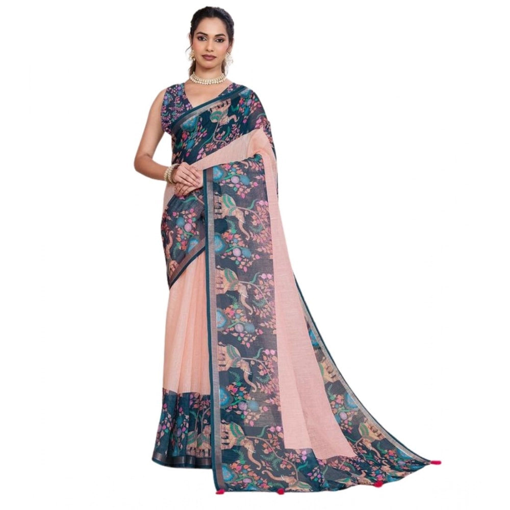 Linen Floral Printed Saree With Unstitched Blouse 5.5Mtr (Peach Pink)