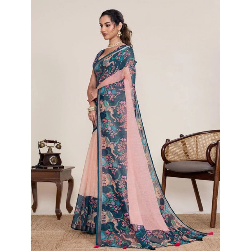 Linen Floral Printed Saree With Unstitched Blouse 5.5Mtr (Peach Pink)