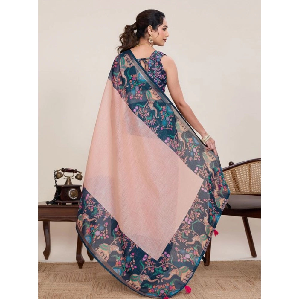 Linen Floral Printed Saree With Unstitched Blouse 5.5Mtr (Peach Pink)