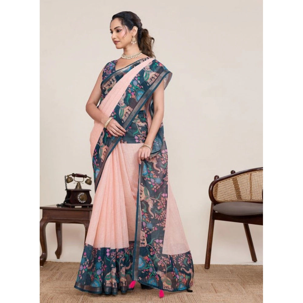 Linen Floral Printed Saree With Unstitched Blouse 5.5Mtr (Peach Pink)