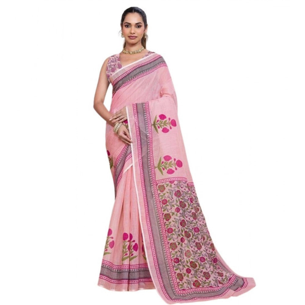 Linen Floral Printed Saree With Unstitched Blouse 5.5Mtr (Pink)