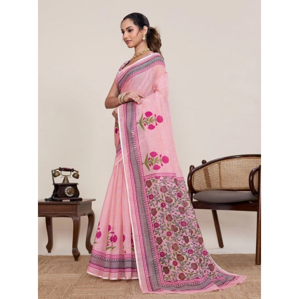 Linen Floral Printed Saree With Unstitched Blouse 5.5Mtr (Pink)