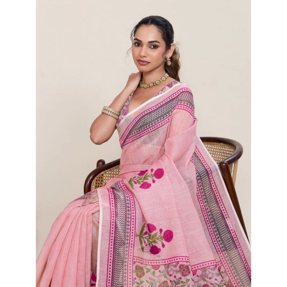 Linen Floral Printed Saree With Unstitched Blouse 5.5Mtr (Pink)
