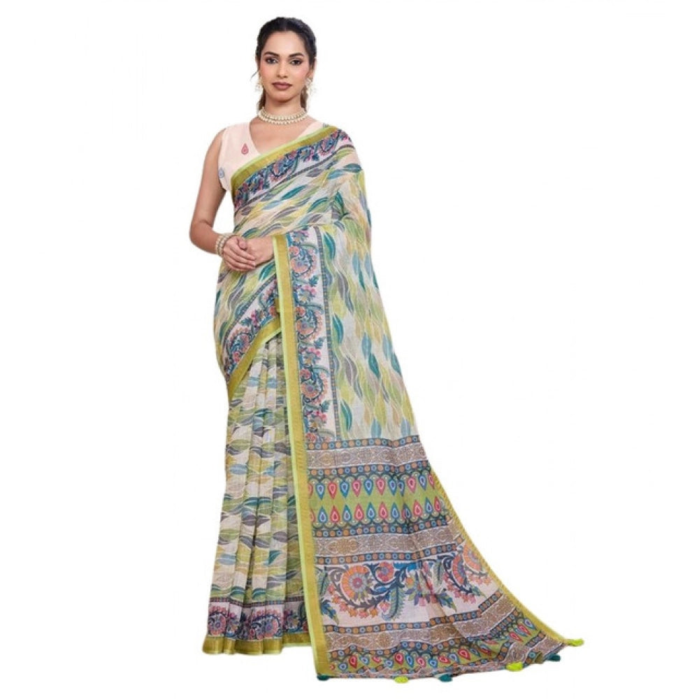 Linen Floral Printed Saree With Unstitched Blouse 5.5Mtr (Pista Green)
