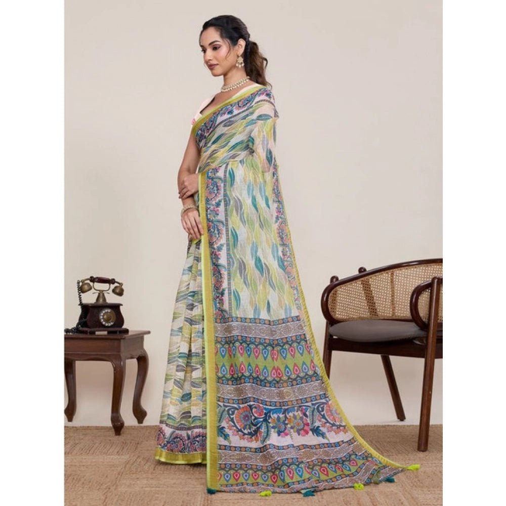 Linen Floral Printed Saree With Unstitched Blouse 5.5Mtr (Pista Green)