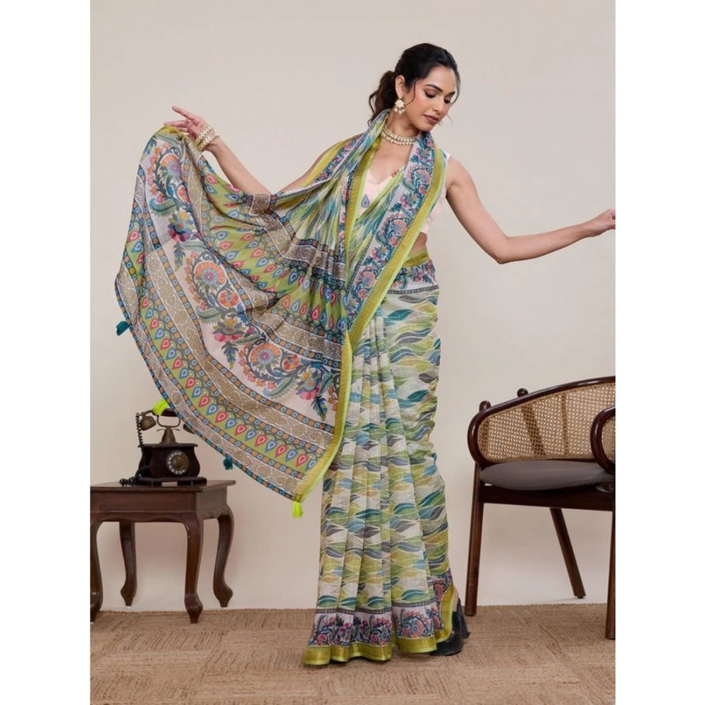 Linen Floral Printed Saree With Unstitched Blouse 5.5Mtr (Pista Green)