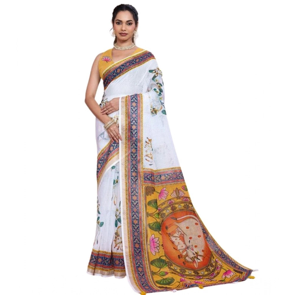 Linen Floral Printed Saree With Unstitched Blouse 5.5Mtr (White)