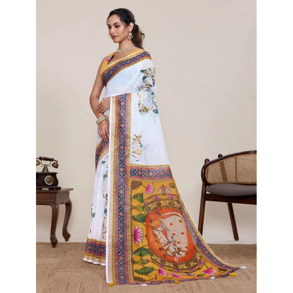 Linen Floral Printed Saree With Unstitched Blouse 5.5Mtr (White)
