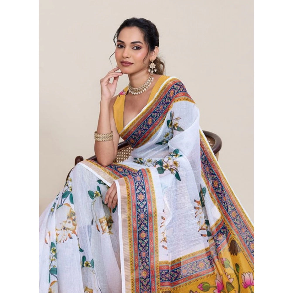 Linen Floral Printed Saree With Unstitched Blouse 5.5Mtr (White)