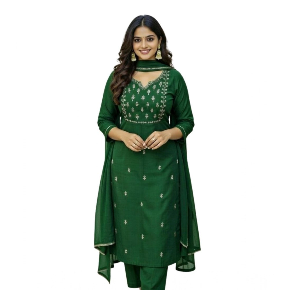 Georgette Ethnic Motif Round 3/4th Sleeve Kurti With Pant Dupatta Set (Green)