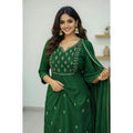 Georgette Ethnic Motif Round 3/4th Sleeve Kurti With Pant Dupatta Set (Green)