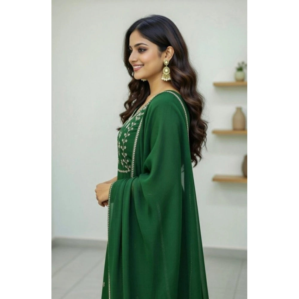 Georgette Ethnic Motif Round 3/4th Sleeve Kurti With Pant Dupatta Set (Green)